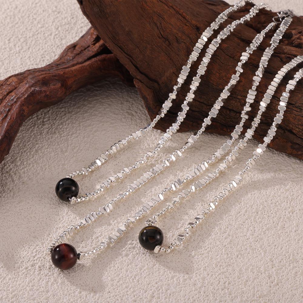 Минималистичное корейское ожерелье-подвеска «Тигровый глаз» с посеребрением и дизайном из титановой стали