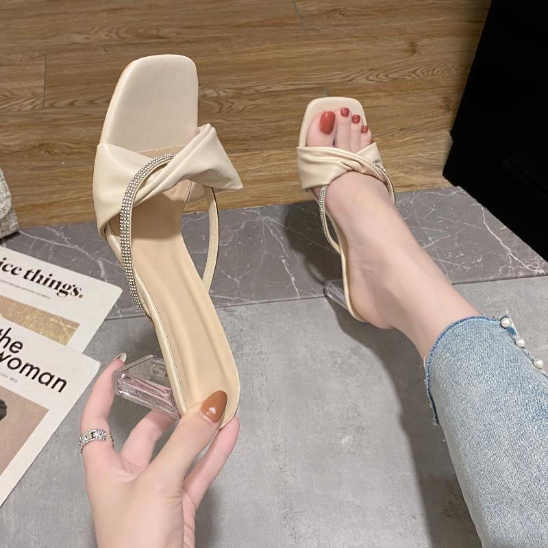 Модные сексуальные удобные туфли на высоком каблуке со стразами для женщин на толстом каблуке 2024 года, новые летние туфли с открытым квадратным носком для женщин