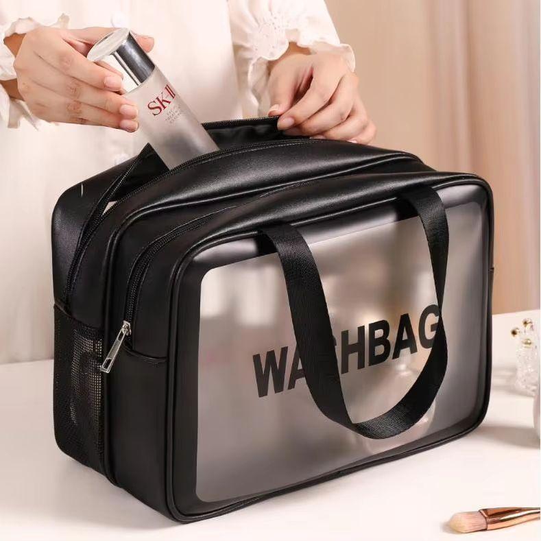 Custom Fashion Letter Large Capacity Water Resistant Makeup Bag Sets Women's Cosmetic PVC Double Handles Zipper Pouch