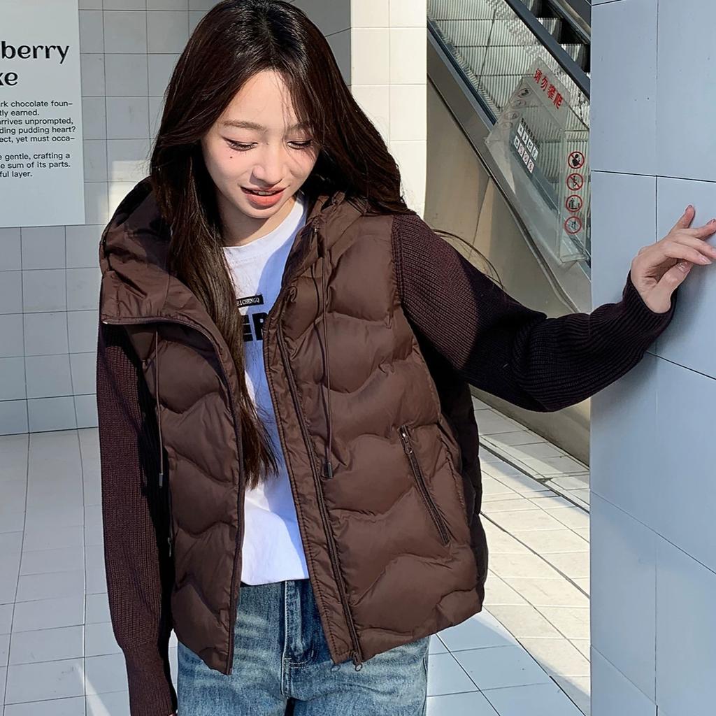 Fake two-piece cotton-padded jacket for women's winter new cotton-padded clothing for women's short short knitted splicing cotton-padded jacket, light