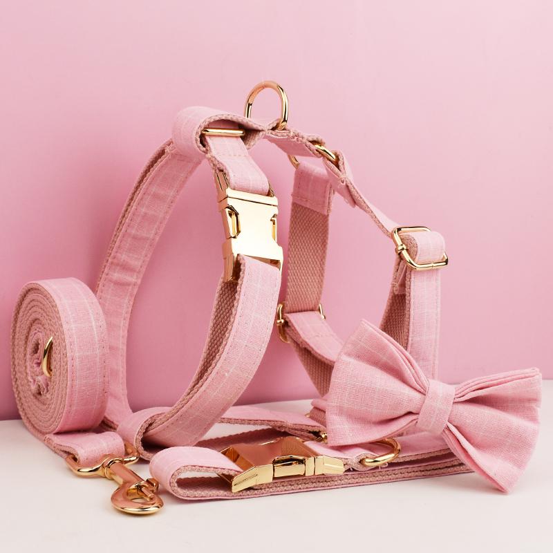 Light Pink Plaid Cotton Dog Collar And Leash Set XS-XL Free Custom Logo Puppy Cat Harness With Bowtie And Leads