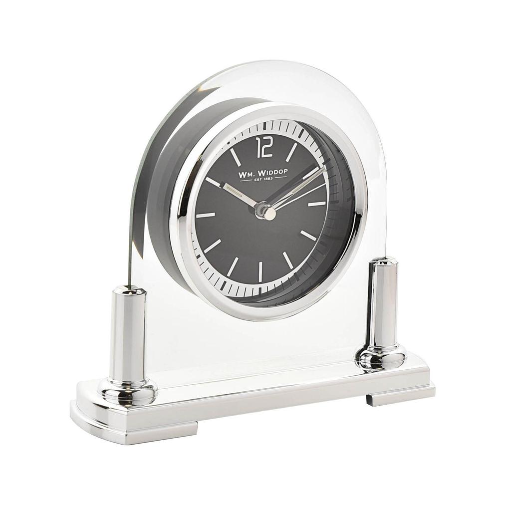 Wm.Widdop Glass Mantel Clock Silver Bezel & Stand