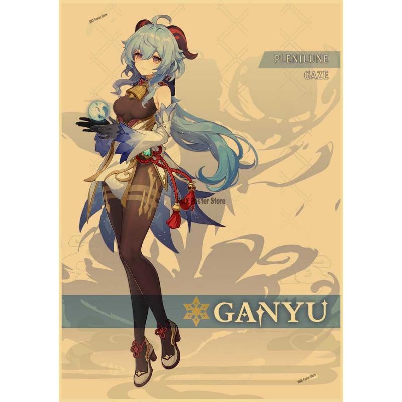 Genshin Impact постеры с героями мультфильмов, принты на крафт-бумаге, домашний декор для комнаты, кабинет, спальня, бар, кафе, настенные картины, наклейки на стену