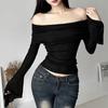 Y2k Aesthetic Women Translucence Tee Shirts Slash Neck Long Sleeve Solid Casual T-Shirts Vintage Off Shoulder Sexy Cute Tshirts
