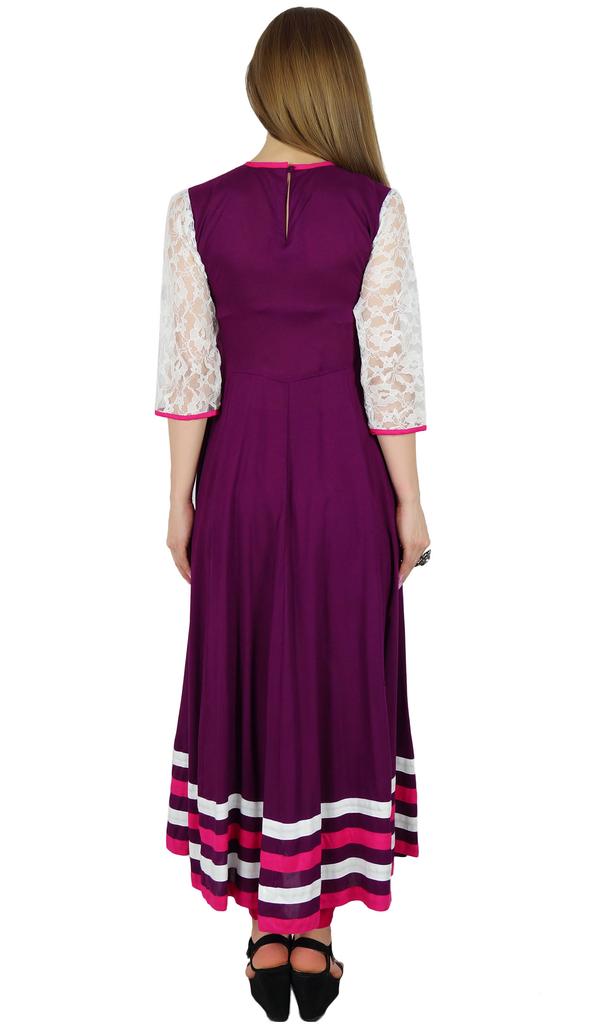 Bimba Women Anarkali Kurta Kurti Purple Sheer Lace Sleeve Indian Ethnic