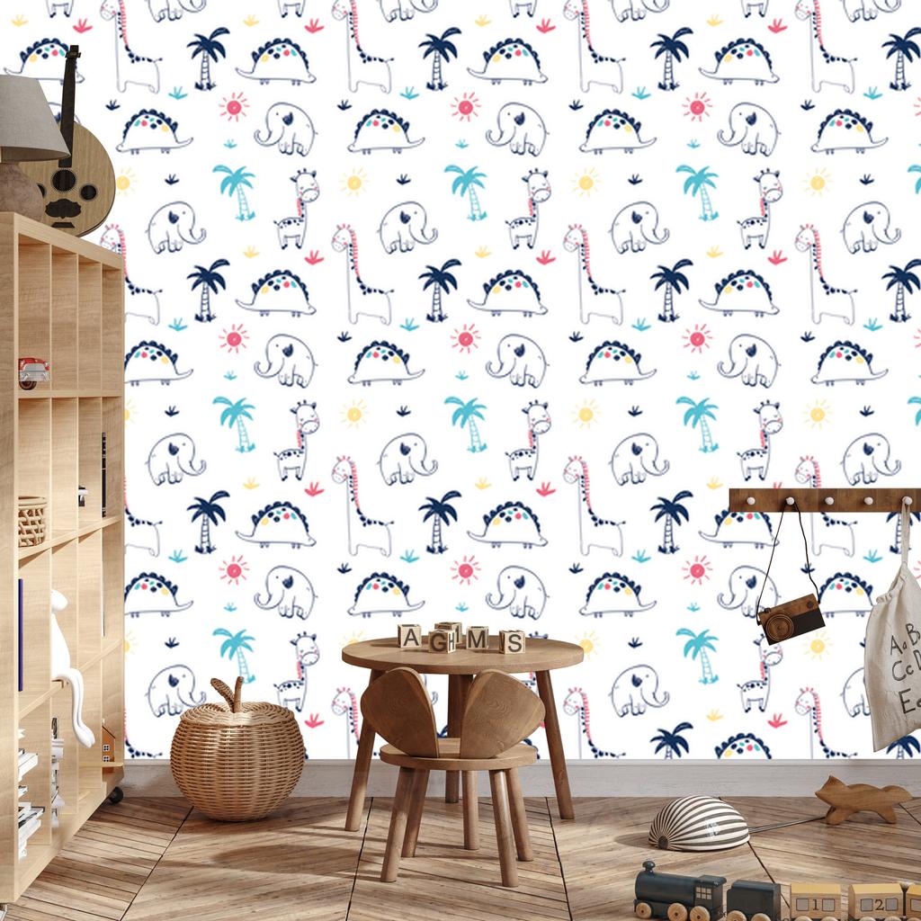 Wallpaper Dinosaurs palms plants sun for living room and bedroom 50x1000