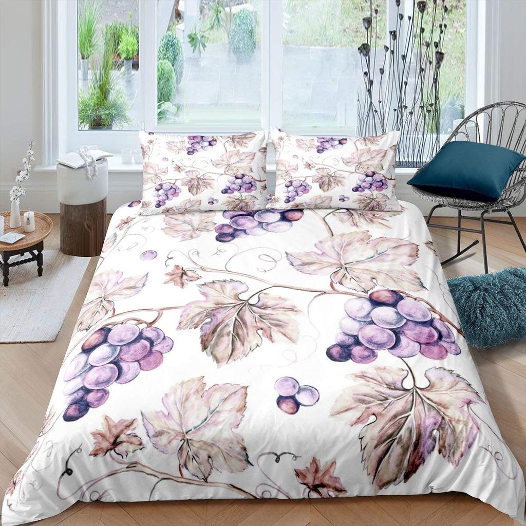Purple Grape Comforter Cover Summer Fruit Duvet Cover Grapevine Leaves Plant Bedding Set Natural Garden Themed Quilt Cover