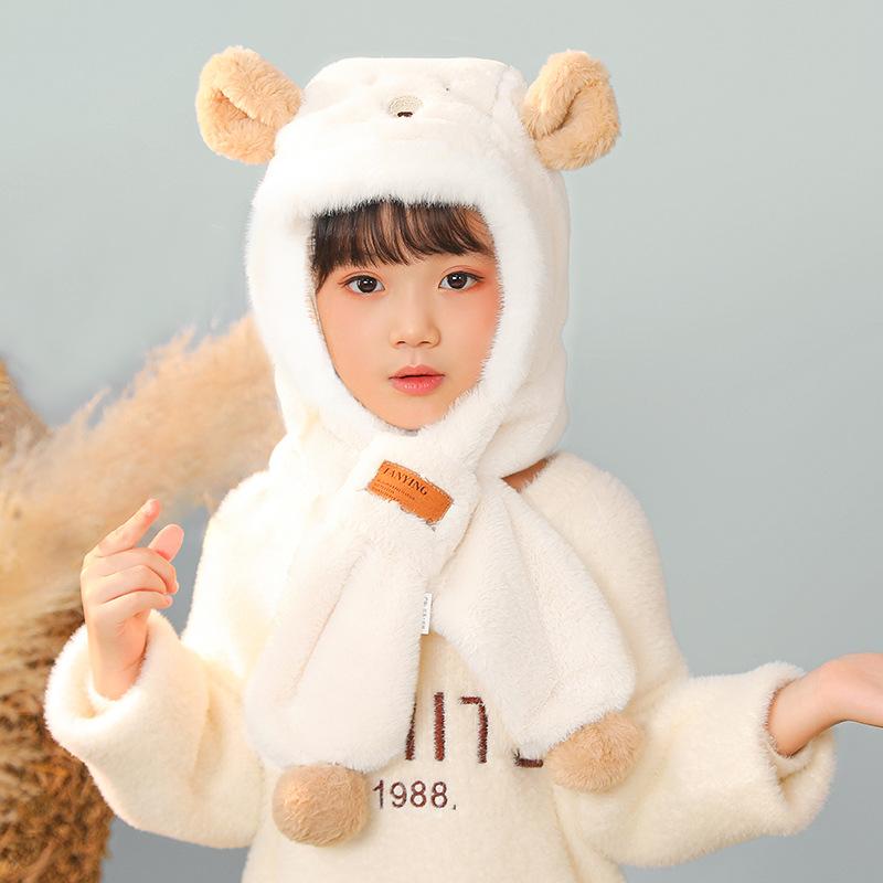 Bear hat, scarf, integrated children's winter thickened warm scarf, anti-fogging lenses, parent-child cycling ear protector