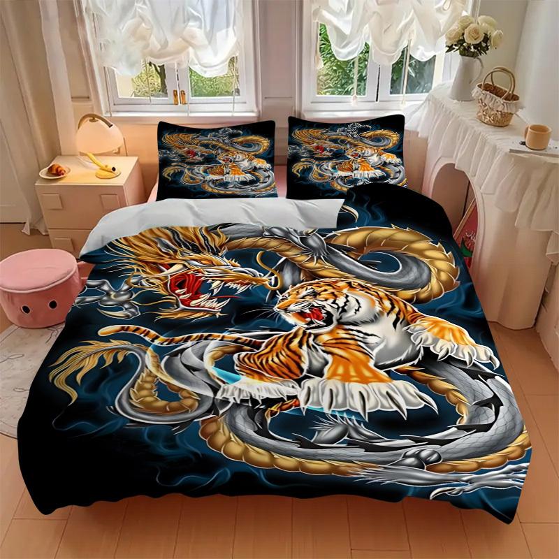 3pcs Dragon Tiger Design Duvet Cover Set -Includes 1 Duvet Cover and 2 Pillowcases, No Quilt Core, All-Season Home Decor yy251111194