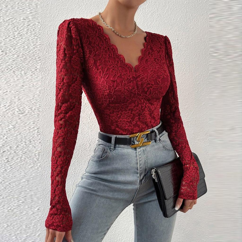 Женская мода сексуальный сплошной цвет кружева с длинным рукавом тонкий боди