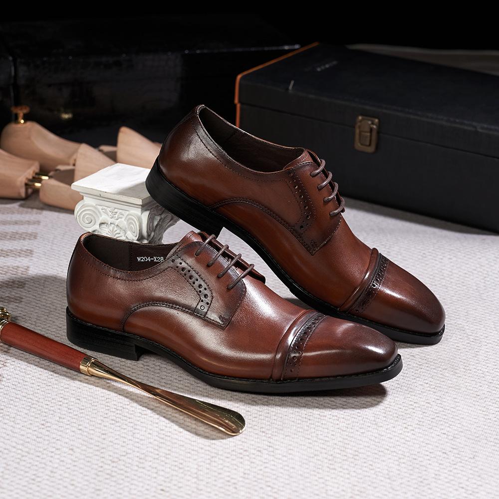 Men'S Leather Shoes Fashionable High-End Classic Three-Joint Derby Shoes Cowhide Lace-Up Breathable Gentleman Business Dress Leather Shoes