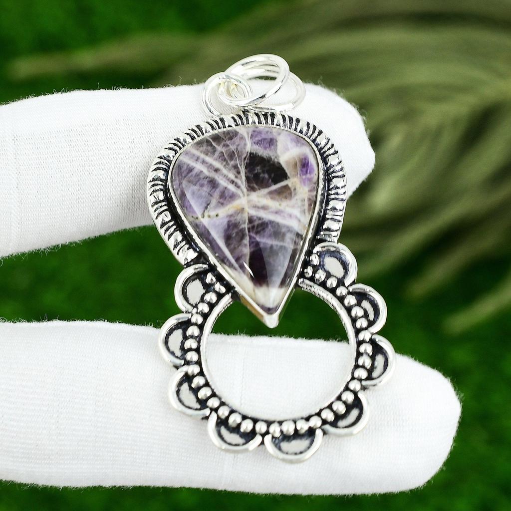 925 Sterling Silver Pear Chevron Amethyst Gemstone Wedding Bezel Pendant Jewelry