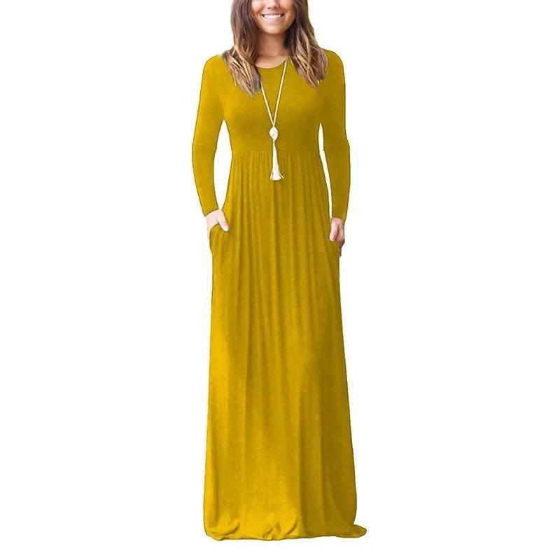 Весна-лето с длинным рукавом и коротким рукавом, однотонное повседневное платье с круглым вырезом, повседневные длинные платья, женское осеннее платье с эластичной резинкой на талии 18184