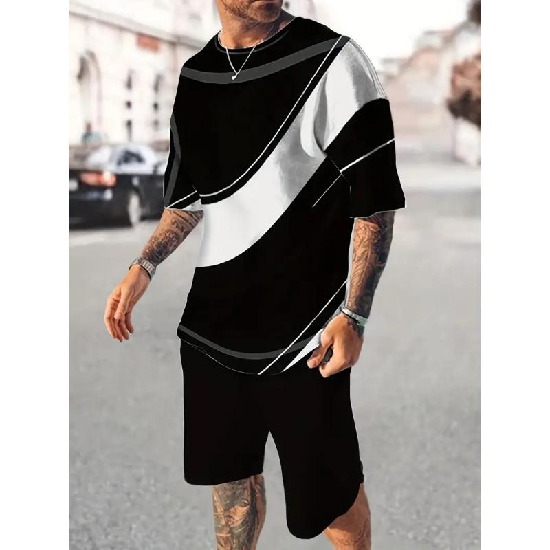 Men's Suit Casual Simple Pattern Printing T-shirt Hawaiian Casual Vacation T-shirt Two Piece Quick Drying Short Sleeved Men Set