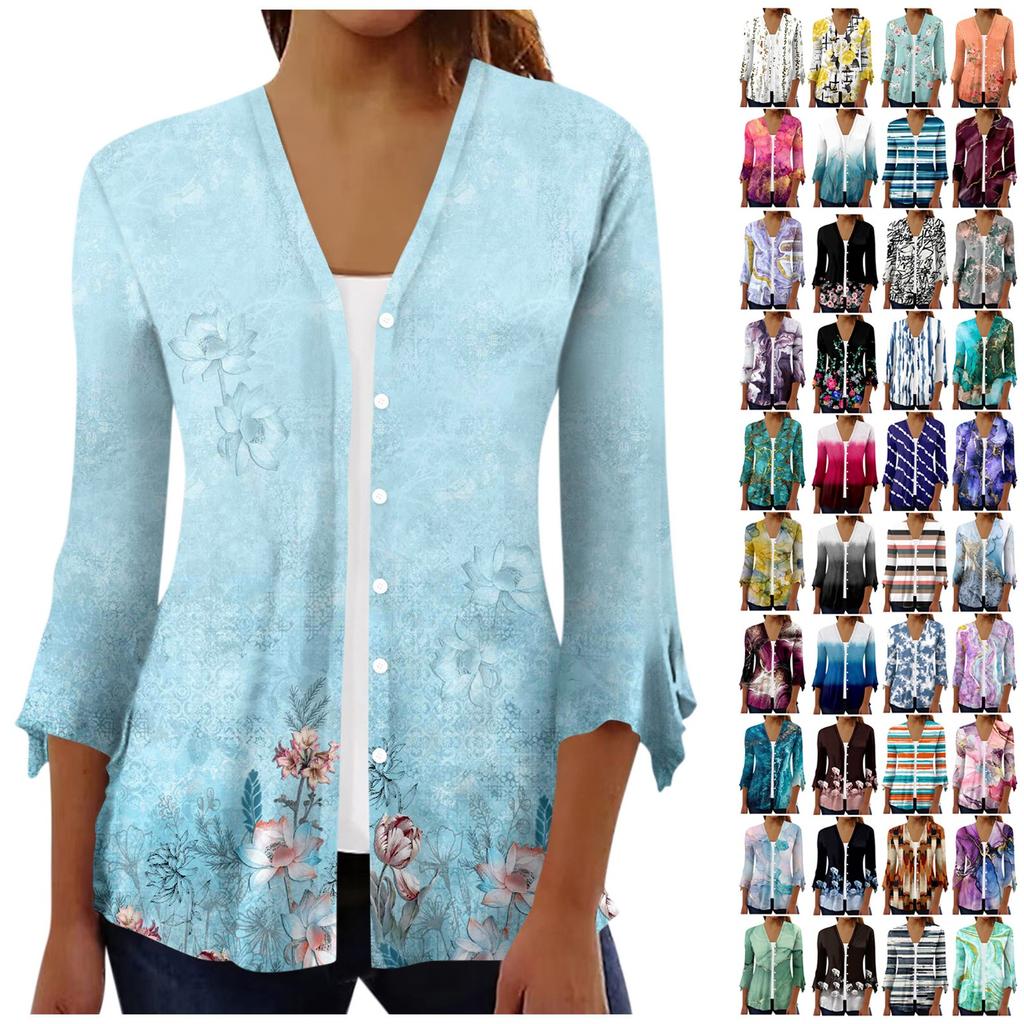 Women Top Casual Fashion Retro Printed Button Jacket Cardigan Spring Summer