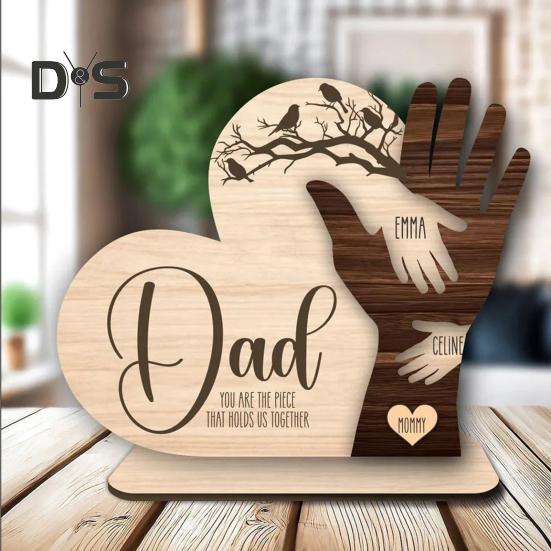 Семья, держащаяся за руки, табличка на стол, деревянная любовь, сердце, жест, украшение, День матери, День отца, домашний офис, стол, центральное украшение, украшение