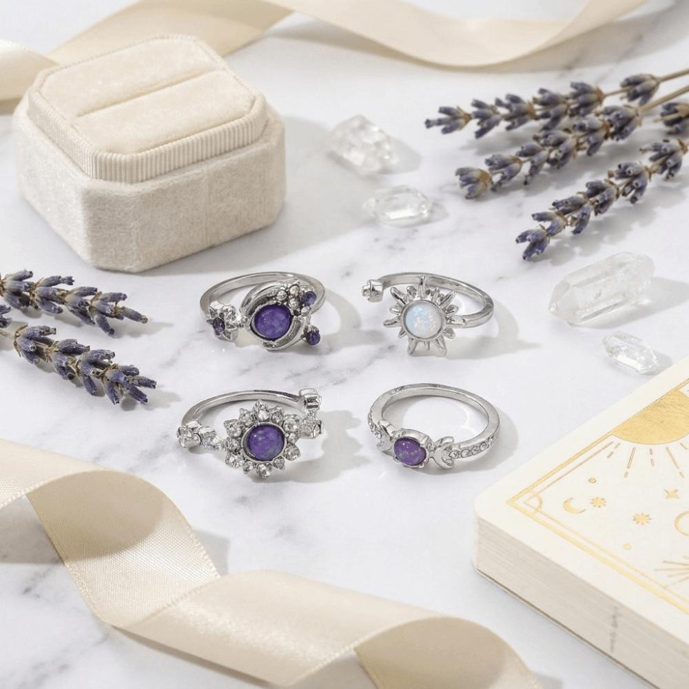 Shiny Sun Moon Ring Set Inlaid Purple Gem Adjustable Finger Jewelry Unique Stackable Rings Party