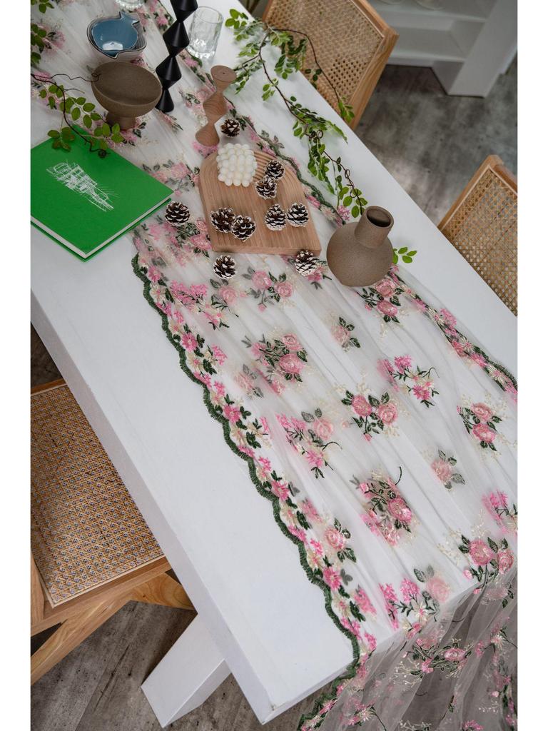 Imanqi Yun Розовая скатерть с цветочной вышивкой и фон для фотосъемки торта