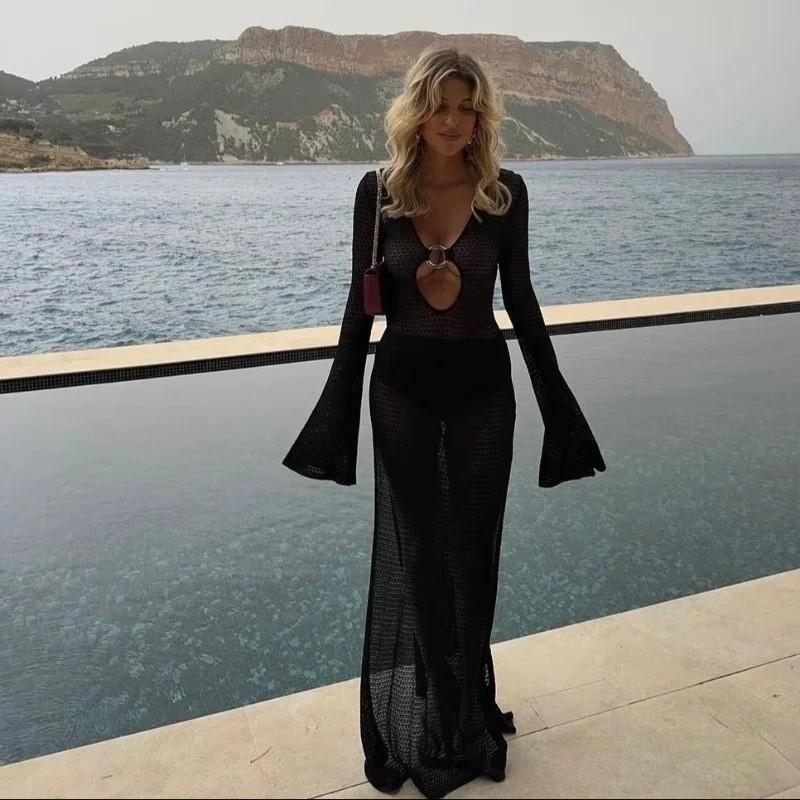Womens Sexy V-Neck Flared Sleeve Long Knit Dress Party Date