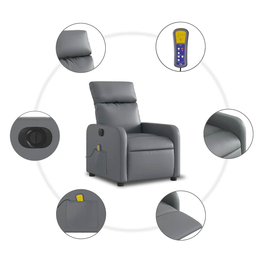 Vidaxl Rozkładany Fotel Masujący, Elektryczny, Szary, Sztuczna Skóra