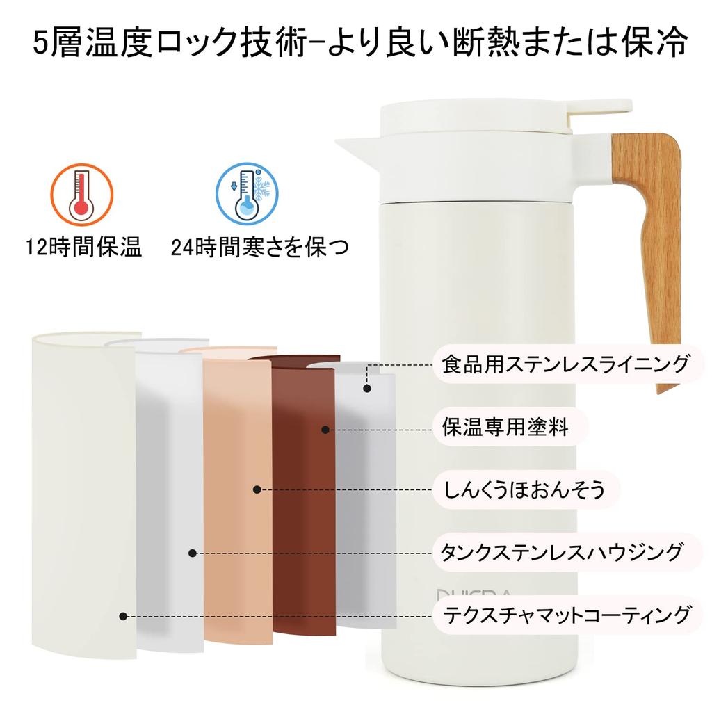 Термос-чайник DUIERA 1,5 литра, Изолированный, 1500 мл, Стильный чайник из нержавеющей стали с деревянной ручкой и крышкой, Настольный, Белый