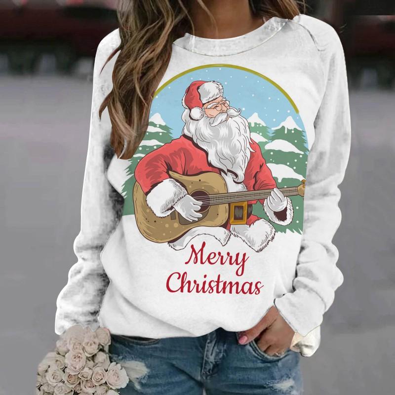 Womens Christmas Elk Print Crewneck Sweatshirt Casual Long Sleeve Top