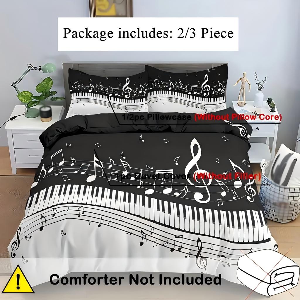 Набор пододеяльников с 3D-печатью в виде клавиш пианино, мягкий домашний текстиль, постельное белье, наволочка, черно-белый стиль с нотами, набор пододеяльников