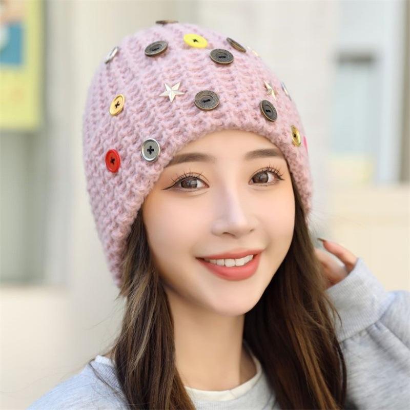 Korean button wool hat female ins tide niche personality autumn and winter warm pullover knitted cold hat hip hop ear hat