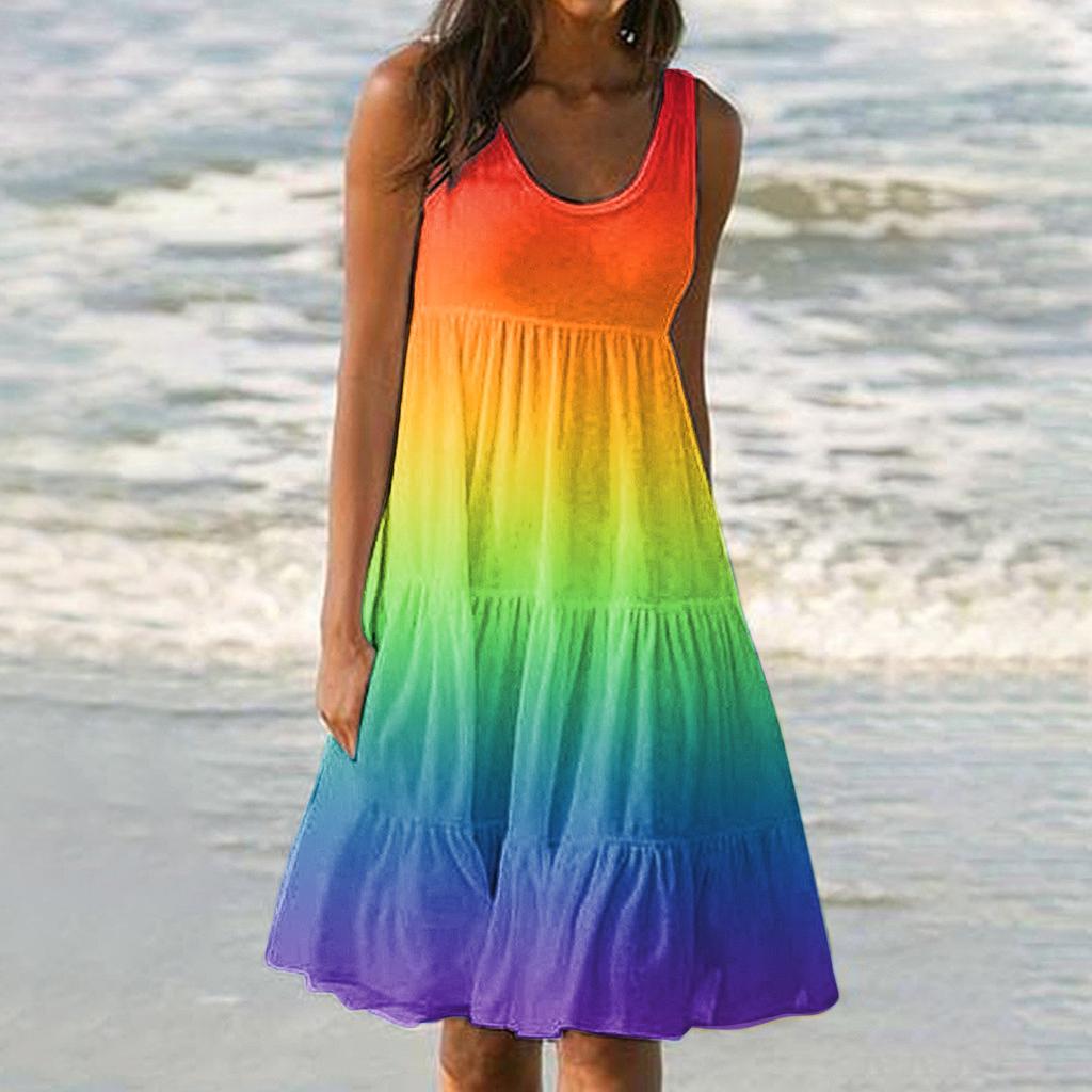Модный женский повседневный летний сарафан с принтом, свободная пляжная юбка с градиентом, мини-платье