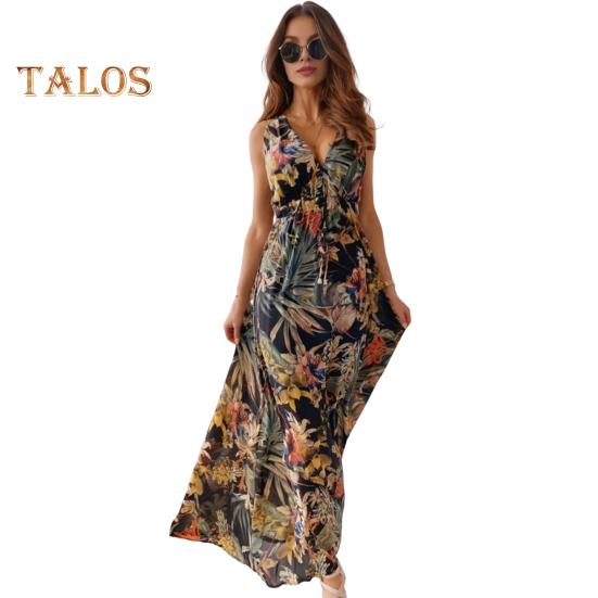 Women Vacation Dress Sleeveless V Neck Backless Floral Printing High Waist Drawstring Beach Dress Bohemian Style Maxi Dress