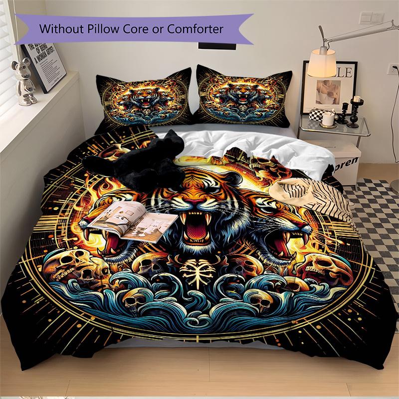 3pcs Flaming Tiger Amidst Waves Pattern Bedding Set, 1* Cover + 2*Pillowcases, Printed Bedding Set, Soft and Comfortable, Suitable for Bedroom an