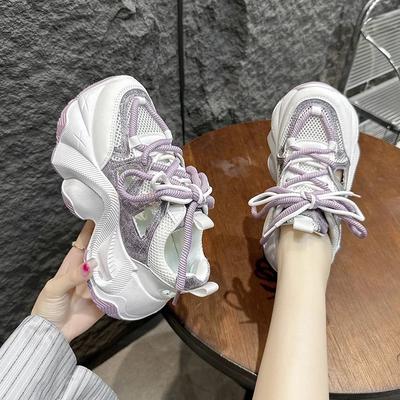 Женская спортивная обувь на толстой подошве, дышащая, полая, лето 2024, уличная, новая мода, шнуровка, фирменный дизайн, женская спортивная обувь