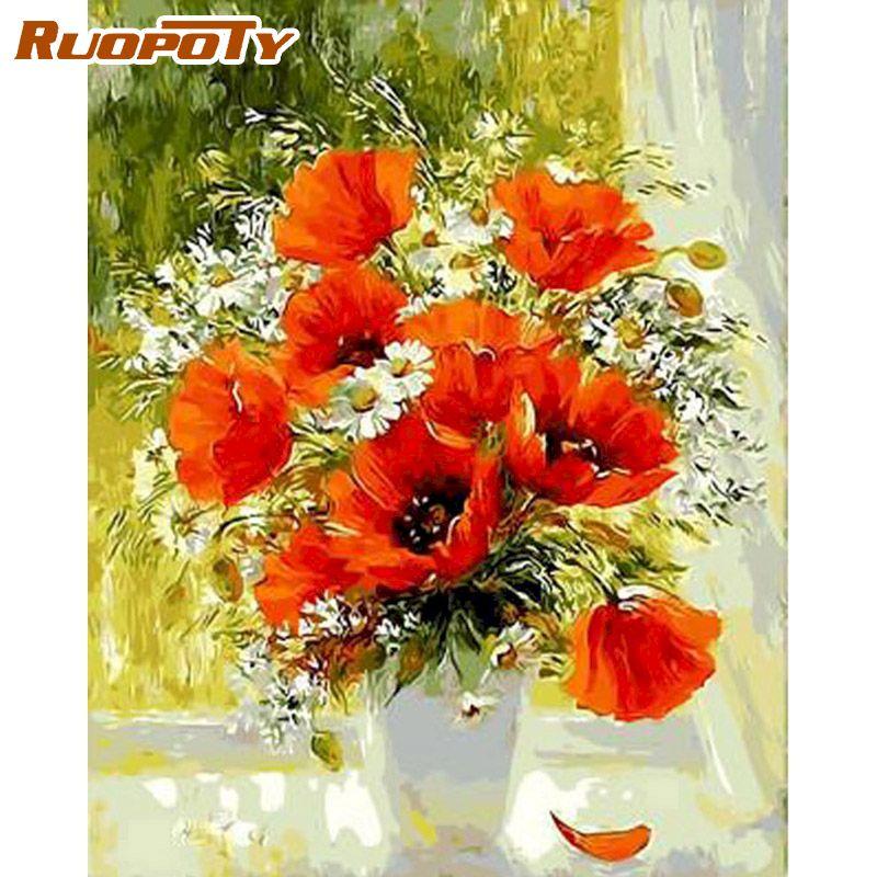 RUOPOTY Безрамные цветы для дома и сада, картина по номерам, ручная роспись, наборы, современное настенное искусство для домашнего декора