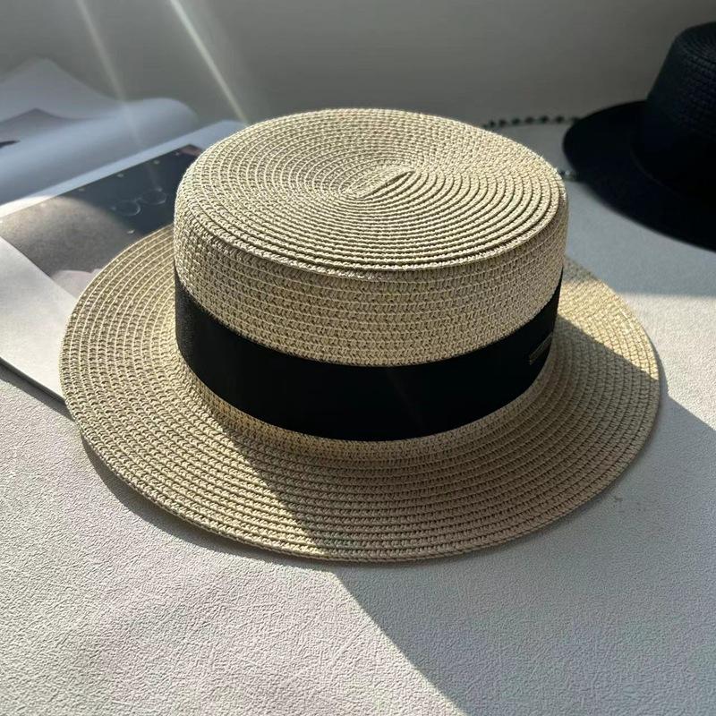 Internet celebrity straw hat children spring and summer French flat top top hat British sunshade sun protection seaside flat edge wide brim men and w