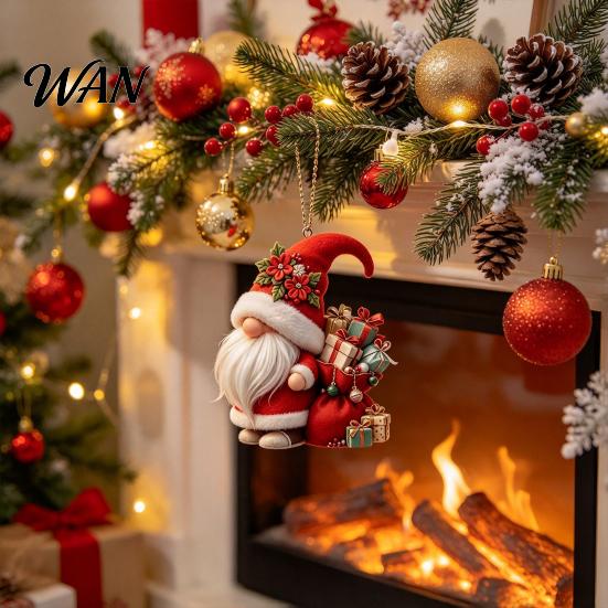 Holiday Party Supplies Christmas Gnome Ornament, 2D Acrylic Santa Hanging Decoration with Candy Ornaments Cane Gift Box for Xmas Tree Home Window