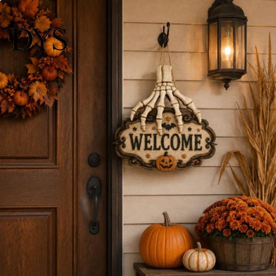 Decorative Wooden Hanging Craft Skeleton Hand Door Welcome Sign, Halloween Pumpkin Bat Pattern Decor, Creepy Skull Theme Signage Wall Plaque,