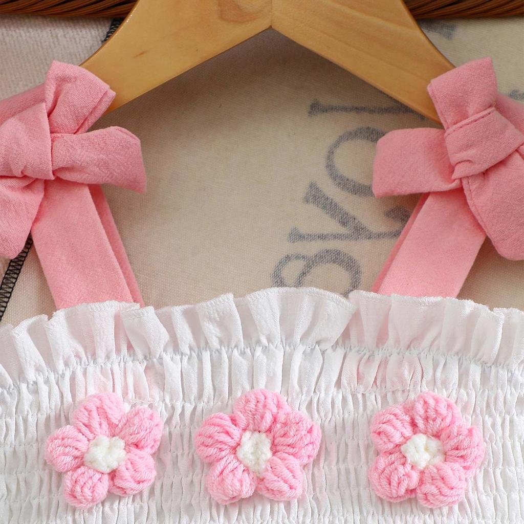 Sweet Summer Infant Girl Clothing Set 3D Floral Bow Ruffled Cami Top Elastic Waist Wrinkled Shorts 2 Piece Outfit For 3 8 Years Old Girls
