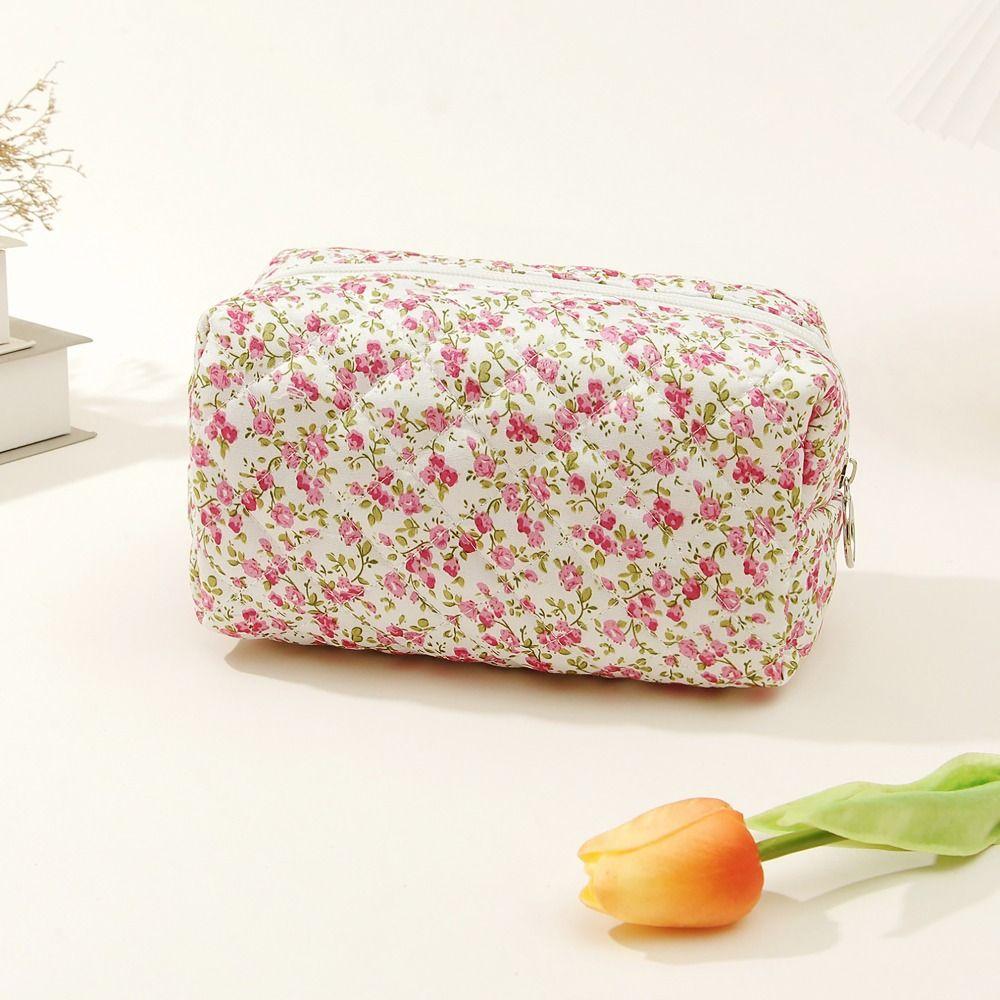 Cotton Floral Puffy Quilted Makeup Bag Flower Printed Toiletry Handbag  Women Girls