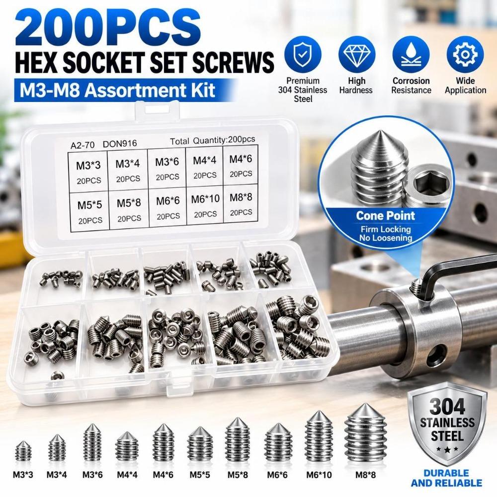 200PCS Silver Grub Screw Set Stainless Steel Inner Hex Screw Concave End Screw  Tight Joint Tool