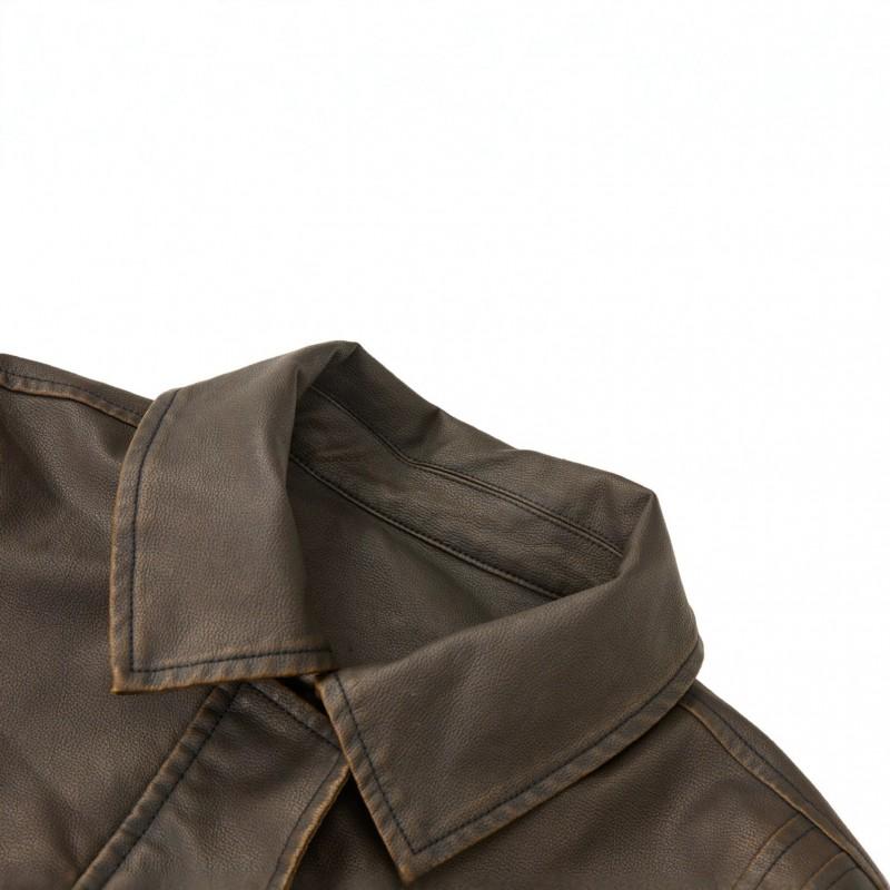 Mens Vintage Washed PU Leather Biker Jacket Loose Fit Streetwear Collar Coat