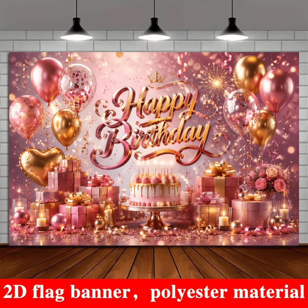 2D Flat Banner, Pink and Golden Happy Birthday Backdrop, Balloons, Confetti, Cake Decorations