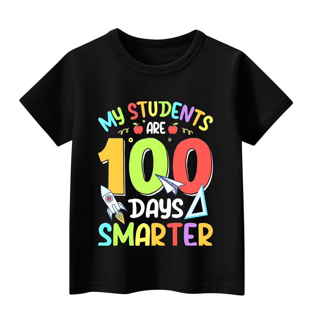 Kids Fashion Casual Short Sleeve 100 Day School Anniversary Printed Round Neck T-Shirt Top