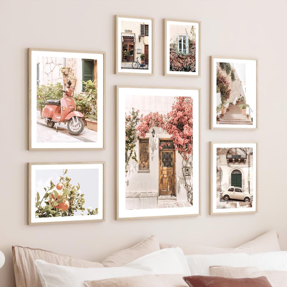 Ретро город цветок вид на улицу автомобиль мото велосипед подоконник настенные постеры художественная живопись на холсте и принты картина для декора гостиной