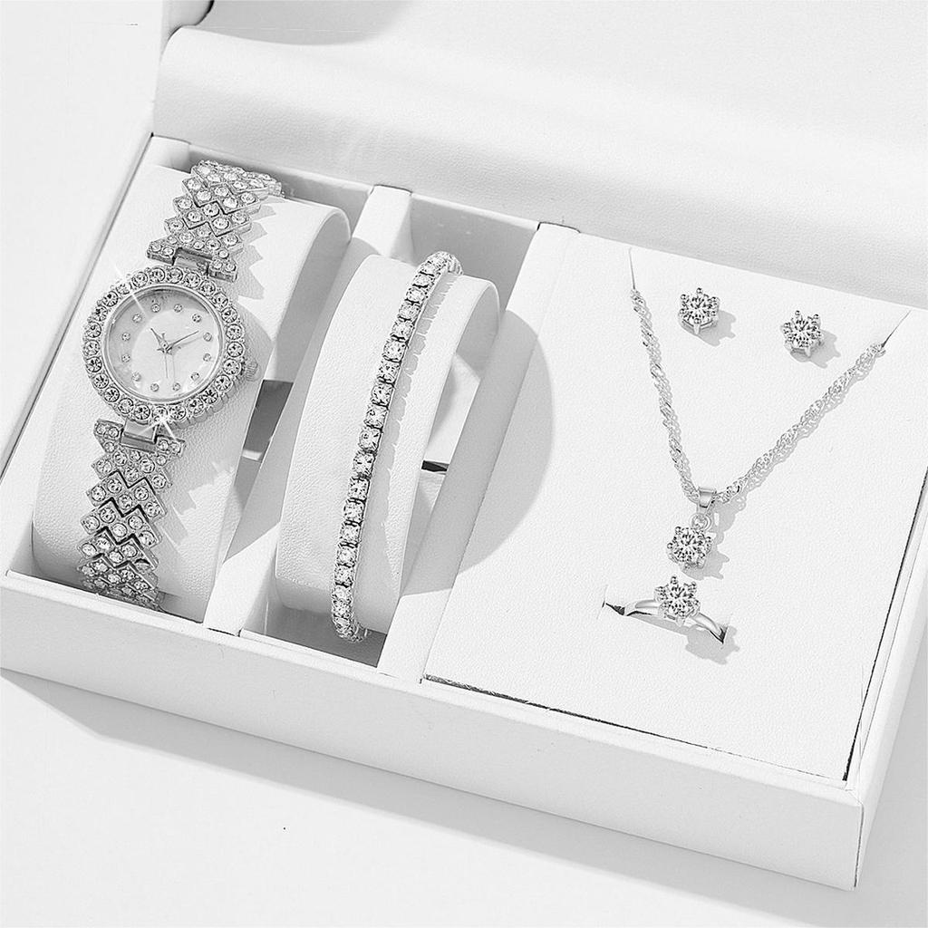 Popular Accessory Set Women's Alloy Quartz Watch Necklace Ring Combination WristWatch Luxurious 6PCS Set Fashionable Earrings Bracelet