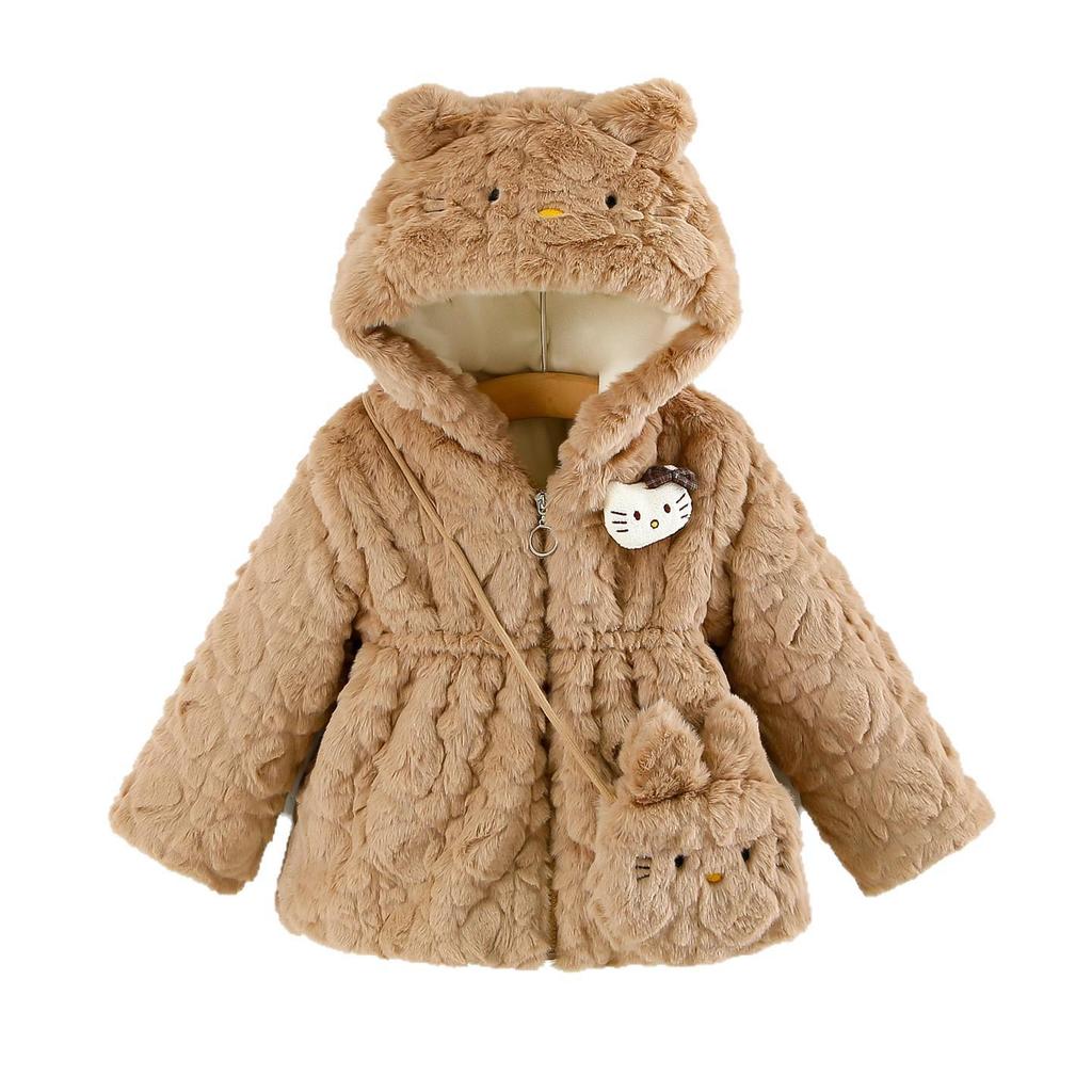 Свитер-пальто с капюшоном для девочек, с вышивкой мультяшного кота, пушистый, стеганый из искусственного меха, для осени/зимы