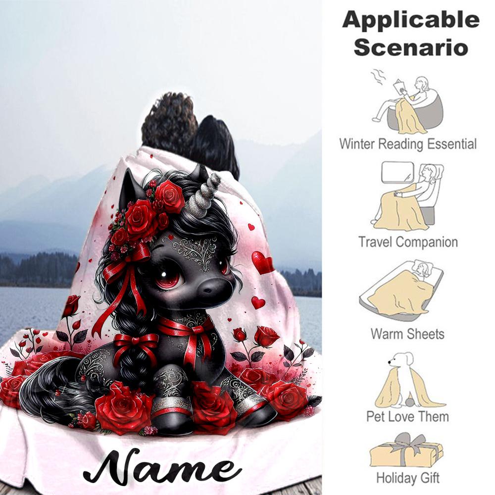 Black Unicorn Roses Personalized Text Blanket Cozy Personalized Blanket Soft Warm Cozy Versatile for Office Nap Bed Chair Four Seasons Multipurpose