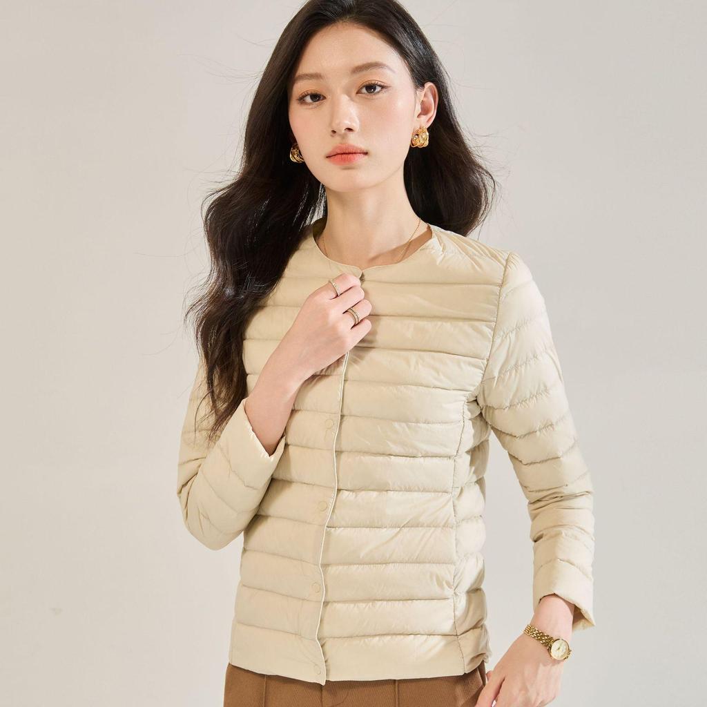 Women's White Duck Down Short Winter Jacket - Lightweight, Warm, Round Neck Inner Lining, Outerwear