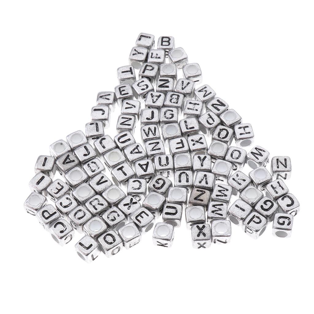 100x Assorted Metallic Acrylic Alphabets Letter Cube Beads Pony Beads Silver