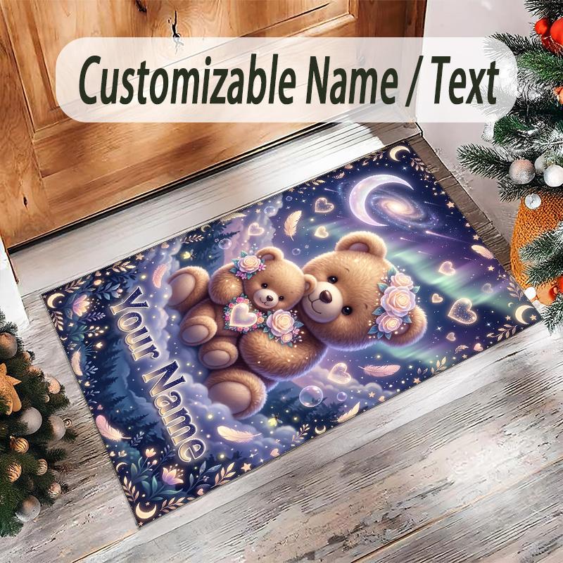 Teddy Bear Theme Crystal Velvet Rug Personalized Custom Name Text Soft Floor Mat Home Decor