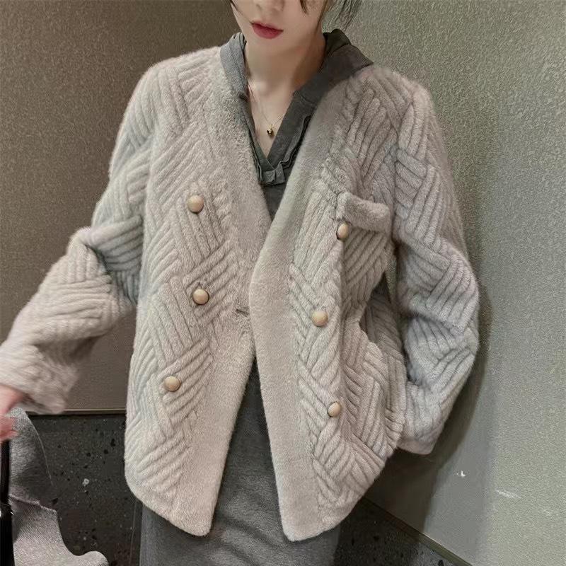 Женская зимняя шуба из искусственного меха норки с интегрированным мехом и V-образным вырезом, двубортное плюшевое пальто